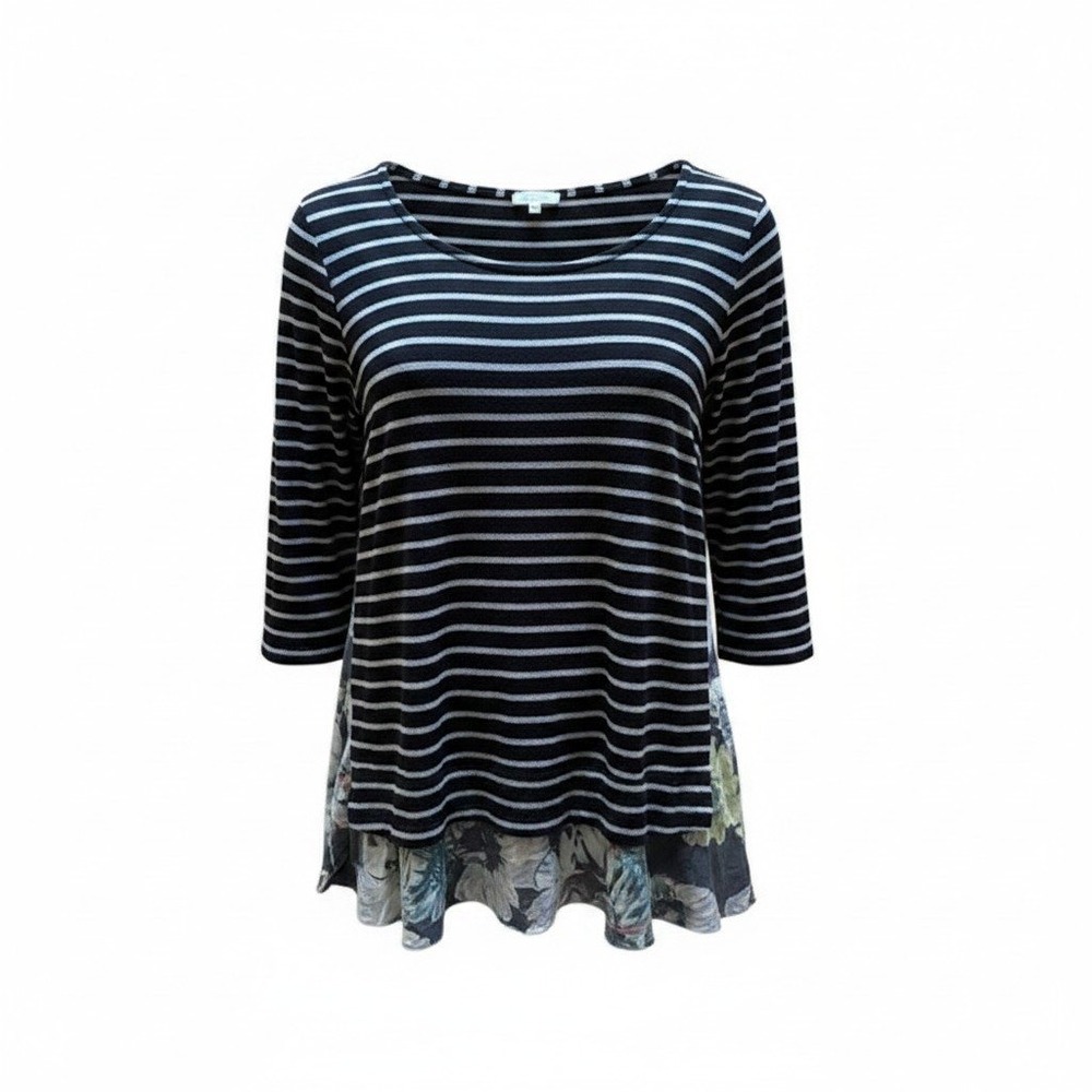 Weston Anthropologie Mixed Media Top Women Medium Black Striped Floral Artsy